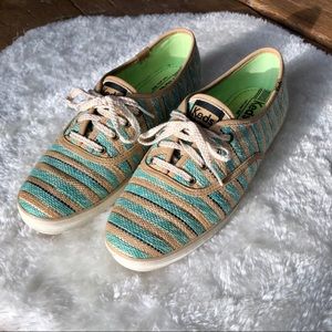 KEDS Aqua & Tan Jute Striped Sneakers